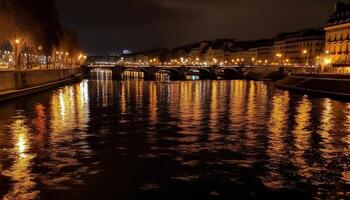 Illuminated bridge reflects city skyline at dusk generated by AI photo