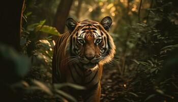 Majestic Bengal tiger staring, beauty in nature generated by AI photo