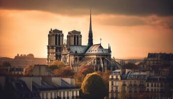 Gothic basilica illuminated at dusk, city skyline backdrop generated by AI photo