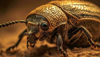 Horned weevil crawling on yellow forest background generated by AI photo