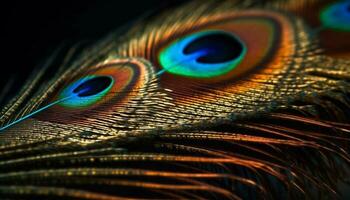 Vibrant peacock feather displays majestic iridescence generated by AI photo