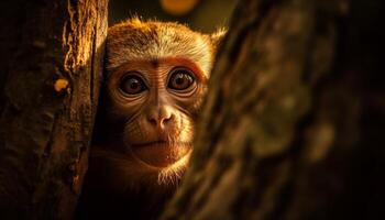 linda joven macaco sentado en tropical bosque generado por ai foto