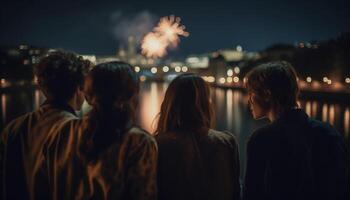 joven adultos celebrar al aire libre con Fuegos artificiales monitor generado por ai foto