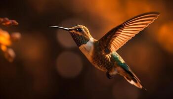 Hovering hummingbird spreads iridescent wings in mid air generated by AI photo