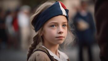 Smiling girl in uniform playing outdoors happily generated by AI photo