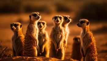 Small group of meerkats standing alert in nature generated by AI photo