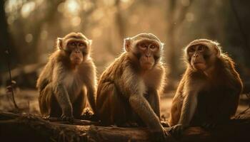 macaco familia sentado en tropical selva comiendo generado por ai foto