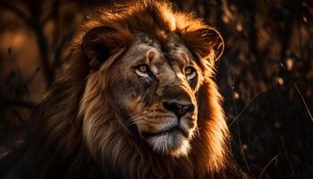 Majestic lion walking through African wilderness area generated by AI photo