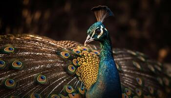 majestuoso pavo real mostrando vibrante multi de colores plumas al aire libre generado por ai foto