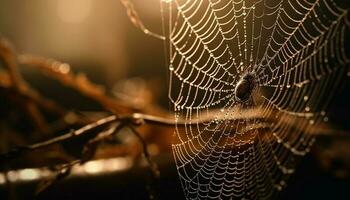 Spider spins web, dew drops glisten in sunlight generated by AI photo