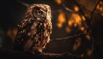 Great horned owl perched on snowy branch generated by AI photo