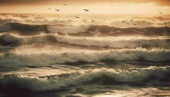 puesta de sol terminado el costa, olas salpicaduras idílicamente generado por ai foto