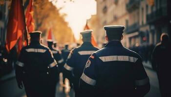 Uniformed men march in parade, city celebrates patriotism generated by AI photo