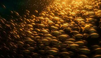 Glowing school of fish in deep blue water generated by AI photo