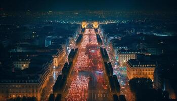 Glowing city skyline at dusk, a masterpiece generated by AI photo