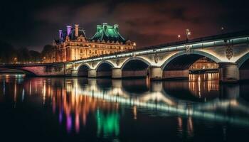 Illuminated bridge reflects city history and architecture generated by AI photo