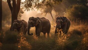 African elephant herd grazing in tranquil savannah generated by AI photo