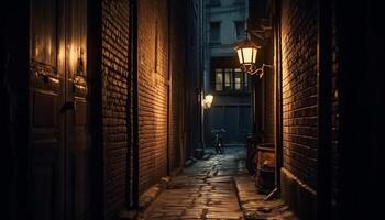 Spooky lantern illuminates old brick wall at dusk generated by AI photo