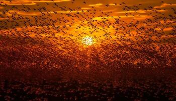 brillante animal silueta volador en vibrante puesta de sol generado por ai foto