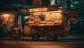 Grilled meat, bread, and refreshment at night generated by AI photo