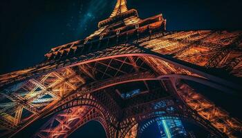 majestuoso eiffel torre ilumina París a noche generado por ai foto