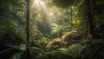 Tropical rainforest growth, ferns, and palm trees generated by AI photo