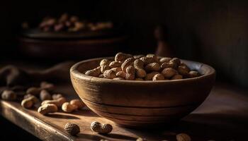 Nutritious nuts in wooden bowl on table generated by AI photo