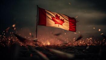 Canadian flag waving in autumn forest freedom generated by AI photo