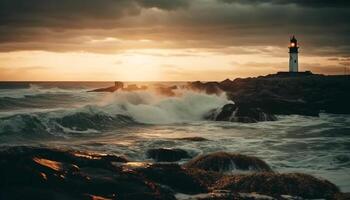 puesta de sol terminado el línea costera, olas rotura en rocas generado por ai foto