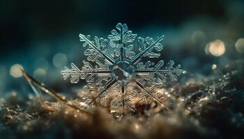 Snowflake close up, shining bright in winter generated by AI photo