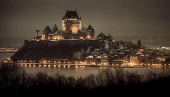 majestuoso arquitectura iluminado a oscuridad, famoso punto de referencia generado por ai foto