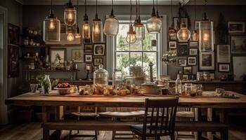 Rustic wood shelf holds modern kitchen decoration generated by AI photo