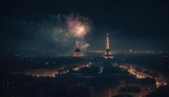 Fireworks exploding over famous city skyline at dusk generated by AI photo