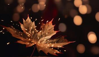 Vibrant autumn tree glows in defocused forest generated by AI photo