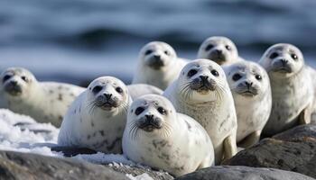 Cute arctic seal pup resting on ice floe generated by AI photo