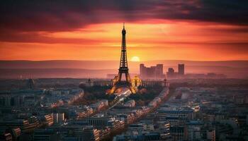 puesta de sol ilumina famoso ciudad horizonte, brillante moderno arquitectura generado por ai foto