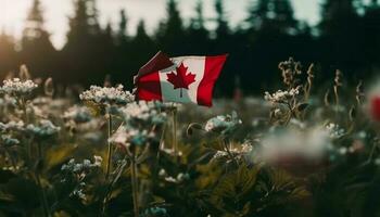 Canadian flag symbolizes patriotism in nature beauty generated by AI photo