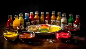 Vibrant colors of paint bottles on table generated by AI photo