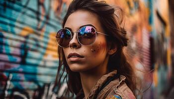 Young woman in sunglasses exudes confidence outdoors generated by AI photo