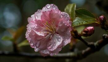 vibrante rosado florecer, mojado con Mañana Rocío generado por ai foto