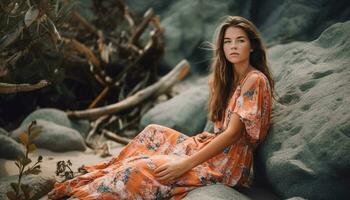 Young woman in nature, enjoying autumn beauty generated by AI photo