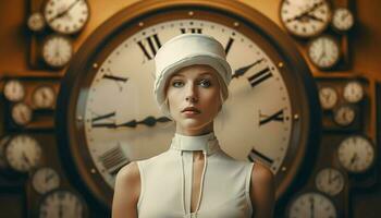 joven adulto mujer de negocios mirando a reloj adentro generado por ai foto