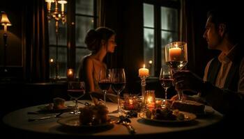 caucásico Pareja disfruta alumbrado por velas vino y romance generado por ai foto