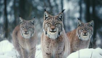 Snow leopard walking in winter forest, majestic generated by AI photo