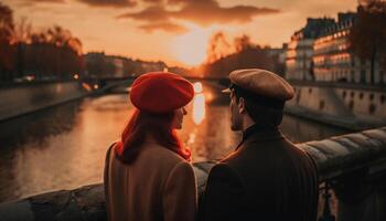 Young couple embracing in warm sunset glow generated by AI photo