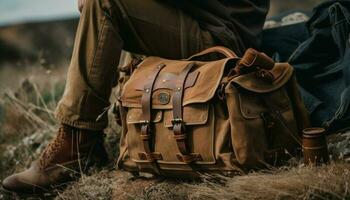 uno persona excursionismo con mochila en naturaleza generado por ai foto