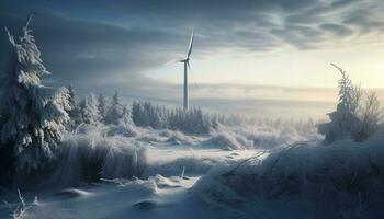 Wind turbine turning, powering winter landscape scene generated by AI photo