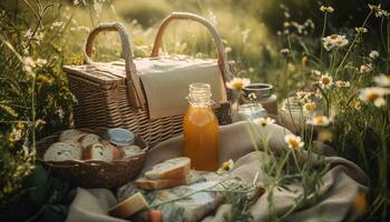 Fresh organic food in rustic picnic basket generated by AI photo