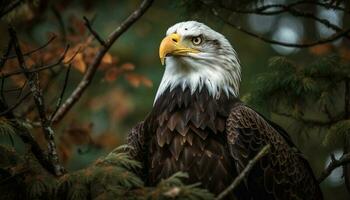 Majestic bald eagle perched on autumn branch generated by AI photo