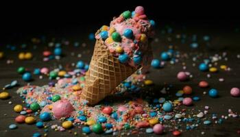 Multi colored ice cream cone falls with joy generated by AI photo